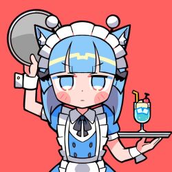 Rule 34 | 1girl, animal ear fluff, animal ears, antennae, apron, arm up, black bow, black bowtie, blue dress, blue eyes, blue sleeves, blunt bangs, blush stickers, bow, bowtie, buttons, cat ears, check copyright, cherry, closed mouth, collared shirt, commentary request, copyright request, cowboy shot, cup, dress, drinking glass, drinking straw, food, frilled apron, frills, fruit, hair bow, holding, holding tray, ice, ice cream, ice cream float, ice cube, light frown, maid, maid headdress, original, puffy short sleeves, puffy sleeves, red background, shirt, short sleeves, simple background, soda, solo, straight-on, terada tera, tray, v-neck, v-shaped eyebrows, white apron, white headdress, white shirt, white wrist cuffs, wine glass, wrist cuffs