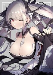 Rule 34 | 1girl, azur lane, bare shoulders, black dress, black nails, black ribbon, blush, breasts, cleavage, closed mouth, clothes lift, commentary request, corset, dress, dress lift, formidable (azur lane), frilled dress, frills, gothic lolita, grey hair, hair ribbon, highres, holding, holding clothes, holding skirt, large breasts, lifted by self, lolita fashion, long sleeves, looking at viewer, mephisto (angraecum), nail polish, one eye closed, red eyes, ribbon, skirt, solo, sweat, twintails, wavy mouth