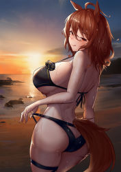 Rule 34 | 1girl, absurdres, agnes tachyon (umamusume), ahoge, alternate breast size, animal ears, ass, ass cutout, back, bare arms, bare shoulders, beach, bikini, black bikini, breasts, brown hair, butt crack, clothing cutout, commission, highres, horse ears, horse girl, horse tail, jiang (kplrt 07), large breasts, licking lips, long hair, looking back, outdoors, pixiv commission, red eyes, revision, solo, sunset, swimsuit, tail, thigh strap, tongue, tongue out, umamusume, wet, wet hair