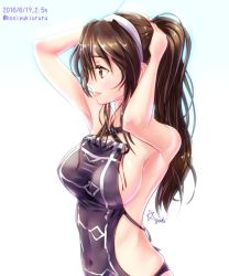 Rule 34 | 10s, 1girl, 2016, alternate hairstyle, armpits, arms up, ashigara (kancolle), breasts, brown eyes, brown hair, covered navel, dated, eyebrows, gradient background, hair tie, twirling hair, hairband, hand in own hair, hoshiyuki aruru, kantai collection, large breasts, long hair, no bra, ponytail, sideboob, simple background, solo, twitter username