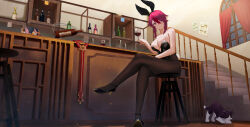 Rule 34 | 2girls, alcohol, animal ears, bar (place), black leotard, blush, bottle, breasts, brown pantyhose, cat, cat ears, chair, cleavage, clisapex, crossed legs, cup, diona (genshin impact), drinking glass, fake animal ears, fake tail, genshin impact, hair over one eye, high heels, highleg, highleg leotard, highres, large breasts, leotard, looking at viewer, multiple girls, pantyhose, pink hair, playboy bunny, rabbit ears, rabbit tail, red eyes, red hair, rosaria (genshin impact), short hair, sitting, stairs, strapless, strapless leotard, tail, wine, wine bottle, wine glass, wine rack