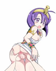 Rule 34 | 1girl, absurdres, ahoge, anus, ass, ass grab, blush, breasts, censored, egyptian clothes, fang, highres, jashin-chan dropkick, looking at viewer, looking back, medusa (jashin-chan dropkick), mosaic censoring, no bra, no panties, open mouth, purple eyes, purple hair, pussy, shiny skin, short hair, sideboob, simple background, small breasts, spread anus, white background