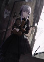 Rule 34 | 1girl, black dress, black ribbon, closed mouth, commentary request, day, dress, dutch angle, grey hair, hair between eyes, hair ribbon, highres, holding, holding stuffed toy, hyonee, long sleeves, looking away, looking to the side, original, outdoors, pocket watch, purple eyes, ribbon, solo, stuffed animal, stuffed toy, teddy bear, watch