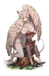 Rule 34 | 1boy, 1girl, animal ears, artist name, bird girl, blush, book, breasts, brown hair, closed eyes, closed mouth, covered erect nipples, fingernails, glasses, grass, growth, hair between eyes, harpy, highres, holding, holding book, large breasts, monster boy, monster girl, mouse boy, mouse ears, mouse tail, open book, open mouth, original, pan (pan 417), pouch, red eyes, short hair, signature, simple background, sitting, smile, sweat, tail, talons, teeth, thighhighs, tree stump, white background, white hair, white thighhighs, winged arms, wings