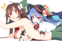 Rule 34 | 2girls, ^^^, arm up, bare arms, bare shoulders, bikini, black bikini, black headwear, blue hair, blue skirt, blush, bow, grabbing another&#039;s breast, breasts, brown hair, commentary request, cowboy shot, disembodied hand, fang, flower, food, fruit, grabbing, green bow, green skirt, hair between eyes, hair bow, hair flower, hair ornament, hat, hat flower, highres, hinanawi tenshi, large breasts, leaf, long hair, looking at viewer, lying, lying on person, multiple girls, on stomach, open mouth, peach, red eyes, reiuji utsuho, shirt, sidelocks, simple background, skin fang, skirt, swimsuit, tears, tetsurou (fe+), touhou, v-shaped eyebrows, white background, white flower, white shirt