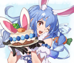 Rule 34 | 1girl, animal ear fluff, animal ears, arm garter, black gloves, black leotard, blue background, blue hair, blush, braid, breasts, cake, carrot, carrot cake, carrot hair ornament, commentary, don-chan (usada pekora), dress, food, food-themed hair ornament, fur scarf, gloves, hair between eyes, hair ornament, highres, holding, holding plate, hololive, icing, leotard, light blue hair, long hair, looking at viewer, medium breasts, multicolored hair, one eye closed, open mouth, plate, rabbit ears, red eyes, simple background, smile, solo, strapless, strapless dress, symbol-shaped pupils, thick eyebrows, twin braids, twintails, two-tone hair, upper body, usada pekora, usada pekora (1st costume), ushiki yoshitaka, virtual youtuber, white dress, white hair
