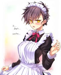 Rule 34 | 1girl, apron, belseph, blush, bow, breasts, brown hair, dress, earrings, hair over one eye, highres, jewelry, maid, maid apron, maid headdress, medium breasts, open mouth, original, ribbon, short hair, solo, thai text, translated, yellow eyes