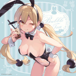 Rule 34 | 1girl, animal ears, animal print, armpits, artist request, bare shoulders, black bow, black bowtie, black leotard, blonde hair, blue background, blush, bow, bowtie, breasts, breasts apart, bubble tea, cleavage, collar, collarbone, commentary, copyright name, cropped legs, crossed bangs, cup, detached collar, drink, english text, fake animal ears, fake tail, groin, hair between eyes, hair bobbles, hair ornament, hand on own hip, highres, holding, holding cup, holding drink, leaning forward, leotard, long hair, looking at viewer, low twintails, medium breasts, meme attire, official art, one eye closed, playboy bunny, rabbit ears, rabbit print, rabbit tail, smile, solo, star (symbol), striped, striped background, tail, tongue, tongue out, translucent bunnysuit, twintails, v-shaped eyebrows, white collar, white wrist cuffs, wrist cuffs, xiaoyuan (you can eat the girl), yellow eyes, you can eat the girl