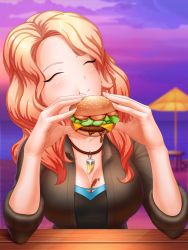 Rule 34 | 1girl, artist request, beach, beach umbrella, black shirt, blonde hair, blue shirt, blurry, breasts, brown jacket, burger, chair, cleavage, closed mouth, cloud, cloudy sky, collarbone, date crush stories, depth of field, eating, enjoy, evening, closed eyes, fang, tooth necklace, fast food, food, food on body, food on breasts, foodgasm, full mouth, game cg, gradient sky, green eyes, highres, holding, jacket, jewelry, kayla (date crush stories), leather, leather jacket, long hair, medium breasts, necklace, ocean, open clothes, open jacket, outdoors, pendant, shirt, sky, sleeves rolled up, smile, solo, sports bra, sunset, table, umbrella, water