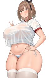 Rule 34 | 1girl, absurdres, atelier (series), atelier ryza, breasts, brown eyes, brown hair, cowboy shot, highres, huge breasts, neneneji, panties, plump, reisalin stout, shirt, short hair, solo, striped clothes, striped panties, thick thighs, thighs, underwear, v