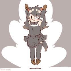Rule 34 | 1girl, animal ears, apron, arms up, australian devil (kemono friends), black hair, bow, bowtie, coroha, elbow gloves, extra ears, eyepatch, full body, gloves, grey background, jumping, kemono friends, long hair, looking at viewer, shirt, shoes, simple background, skirt, sleeveless, sleeveless shirt, solo, tail, thighhighs