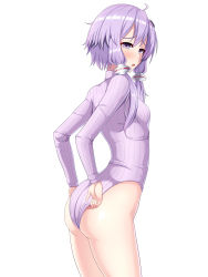 Rule 34 | 1girl, adjusting clothes, adjusting leotard, ass, commentary request, cowboy shot, embarrassed, heattech leotard, highres, leotard, long sleeves, looking at viewer, low twintails, open mouth, purple eyes, purple hair, purple leotard, ribbed leotard, ribbed sweater, riki (power step), short hair with long locks, simple background, solo, sweater, turtleneck, twintails, voiceroid, white background, yuzuki yukari