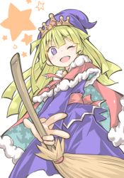 Rule 34 | 1girl, blonde hair, blue eyes, blush, broom, capelet, cloak, dress, hat, holding, holding broom, konomi uo, long hair, long sleeves, magic, no pupils, one eye closed, puyopuyo, puyopuyo quest, smile, solo, star (symbol), star print, tiara, witch, witch (puyopuyo), witch hat
