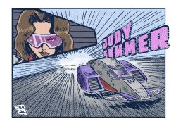 Rule 34 | 1girl, action, aircraft, artist name, border, brown hair, character name, close-up, closed mouth, determined, f-zero, flying car, highres, hover vehicle, jody summer, jrcomicart, lips, nintendo, purple-tinted eyewear, race vehicle, science fiction, solo, speed lines, tinted eyewear, vehicle focus, white border, white cat (f-zero)