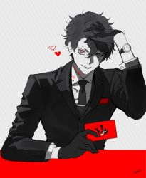 Rule 34 | 1boy, absurdres, amamiya ren, btmr game, calling card, commentary, english commentary, formal, gloves, hair between eyes, hand on own head, heart, highres, holding, jacket, lipstick mark, long sleeves, looking at viewer, male focus, necktie, persona, persona 5, signature, simple background, smile, solo, suit, upper body, watch, wristwatch