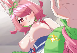 Rule 34 | + +, 1girl, :3, amuriha, animal ear fluff, animal ears, azuchi momo, bare shoulders, blush, breasts, breasts apart, clothes pull, colored eyelashes, colored inner hair, foreshortening, fox ears, from below, green hair, green ribbon, hair over one eye, hair ribbon, highres, indoors, jacket, large areolae, large breasts, looking at viewer, multicolored hair, nail polish, nijisanji, nipples, open clothes, open jacket, pink eyes, pink hair, pov, puffy nipples, ribbon, ringed eyes, shirt pull, short hair, smile, solo, upper body, virtual youtuber