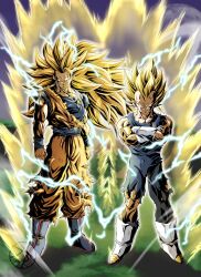 Rule 34 | 2boys, absurdres, arms at sides, aura, biceps, blonde hair, blue footwear, blue sash, blue shirt, blue wristband, boots, clenched hands, closed mouth, commentary request, crossed arms, dougi, dragon ball, dragonball z, electricity, energy, floating hair, full body, gloves, green eyes, highres, long hair, looking at viewer, male focus, multiple boys, muscular, muscular male, no eyebrows, pectoral cleavage, pectorals, sash, scratches, shirt, short hair, smile, smirk, son goku, spiked hair, standing, super saiyan, super saiyan 2, super saiyan 3, torn clothes, toshi s art, v-shaped eyebrows, vegeta, watermark, white footwear, white gloves, wristband