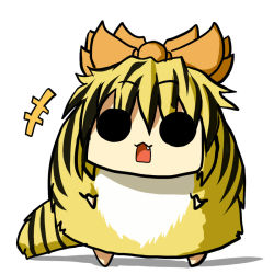 Rule 34 | 1girl, chibi, fang, female focus, full body, qoom, simple background, solo, standing, tiger, toramaru shou, toramaru shou (tiger), touhou, white background
