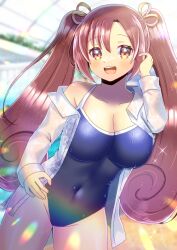 1girl :d blue_one-piece_swimsuit blurry blurry_background blush breasts brown_eyes brown_hair cleavage commentary_request commission cowboy_shot depth_of_field groin hair_between_eyes hair_ribbon hand_up indoors jikkyou_powerful_pro_yakyuu kou_hiyoyo large_breasts long_sleeves looking_at_viewer off_shoulder one-piece_swimsuit open_clothes open_mouth open_shirt otobuki_kanade parted_bangs ribbon shirt skeb_commission smile solo standing swimsuit teeth twintails upper_teeth_only water wet wet_clothes wet_shirt white_shirt yellow_ribbon