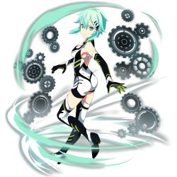 Rule 34 | 1girl, ass, backless outfit, blue eyes, blue hair, boots, breasts, cleavage, elbow gloves, floating hair, from side, full body, gears, gloves, hair between eyes, hair ornament, hairclip, highres, jumpsuit, leg up, looking at viewer, medium breasts, official art, short hair, sinon, skin tight, solo, sword art online, thigh boots, thighhighs, transparent background, white jumpsuit