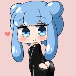 Rule 34 | 1girl, ass, ass cutout, black bodysuit, blue eyes, blue hair, blush, bodysuit, breasts, brown background, chibi, closed mouth, clothing cutout, commentary request, double bun, hair bun, half slime-chan, hana kazari, heart, heart cutout, latex, latex bodysuit, long hair, looking at viewer, looking back, monster girl, original, sidelocks, simple background, slime girl, small breasts, smile, solo