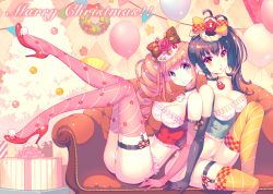 Rule 34 | !, 2girls, argyle, argyle background, argyle clothes, arm support, ass, balloon, bare shoulders, bauble, belt, black gloves, black hair, blue eyes, blush, bow, box, breasts, candy, cherry, choker, christmas, christmas ornaments, christmas tree, christmas wreath, cleavage, collarbone, corset, couch, curly hair, daruma doll, english text, engrish text, eyebrows, flower, folding fan, food, frilled panties, frills, fruit, garter straps, gift, gift box, gloves, hair between eyes, hair bow, hair flower, hair ornament, hand fan, high heels, indoors, large breasts, leaning back, leaning on person, legs up, long hair, looking at viewer, md5 mismatch, merry christmas, midriff, multiple girls, navel, nishimura eri, no pants, on chair, orange legwear, original, panties, pink hair, pink legwear, plaid, plaid bow, ranguage, red bow, red eyes, red footwear, red gloves, ribbon, rope, shoes, side ponytail, sitting, snowman, striped ribbon, thigh strap, thighhighs, underwear, white panties, wreath