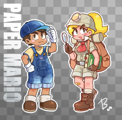 Rule 34 | 1boy, 1girl, backpack, bag, bandaid, bandaid on knee, bandaid on leg, baseball cap, beco (100me), belt, blonde hair, blue headwear, blush stickers, book, boots, brown eyes, brown gloves, brown hair, checkered background, copyright name, dark-skinned male, dark skin, fang, full body, gloves, goombario, goombella, hat, headlamp, helmet, highres, mario (series), nintendo, overall shorts, overalls, paper mario, paper mario: the thousand year door, paper mario 64, personification, ponytail, shorts, signature, trait connection, white gloves