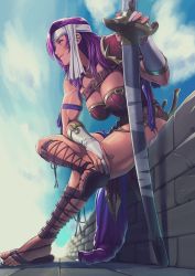 Rule 34 | 1girl, aduti momoyama, arm ribbon, armor, belt, blue sky, breasts, bridal gauntlets, brown belt, brown footwear, cleavage, closed mouth, cloud, day, fingernails, fire emblem, fire emblem: new mystery of the emblem, fire emblem heroes, headband, highres, jewelry, large breasts, malice (fire emblem), nintendo, pauldrons, purple eyes, purple hair, purple ribbon, red armor, ribbon, ring, sandals, shadow, shoulder armor, single bare shoulder, single pauldron, sitting, skindentation, sky, smile, solo, sword, toenails, weapon, white headband