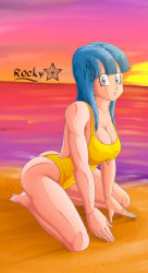 Rule 34 | 1girl, absurdres, all fours, artist name, ass, bare shoulders, beach, blue eyes, blue hair, blue sky, breasts, dragon ball, dragonball z, evening, expressionless, from behind, full body, highleg, highleg swimsuit, highres, huge ass, large breasts, long hair, looking at viewer, maron (dragon ball), one-piece swimsuit, r0ckystar, shiny skin, sideboob, skindentation, sky, solo, swimsuit, thick thighs, thighs, thong, water, wet, wide hips, yellow one-piece swimsuit