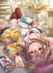 Rule 34 | 1girl, animal ears, blush, breasts, brown eyes, brown hair, cleavage, dog ears, dog girl, dog tail, food, hair between eyes, hair ornament, hairclip, handheld game console, highres, holding, holding handheld game console, hololive, inugami korone, inugami korone (1st costume), jacket, large breasts, long hair, long sleeves, looking at viewer, lying, mouth hold, nintendo switch, on back, smile, solo, tail, thighhighs, thighs, torino aqua, virtual youtuber, yellow jacket