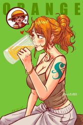 Rule 34 | &gt; &lt;, 1boy, 1girl, :p, a mimishi, alcohol, arm tattoo, artist name, beer, beer mug, blush, breasts, cleavage, collarbone, commentary, cup, dated, drinking, glass, green background, hat, heart, highres, large breasts, leggings, medium hair, monkey d. luffy, mug, nami (one piece), one piece, orange eyes, orange hair, simple background, sitting, squiggle, straw hat, tattoo, thought bubble, tongue, tongue out, twitter username, updo, white leggings