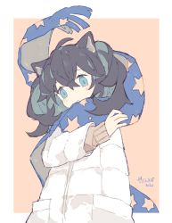 Rule 34 | 1girl, ahoge, animal ears, black hair, blue eyes, blue hair, blue scarf, closed mouth, coat, dated, long hair, long sleeves, melanbread, multicolored hair, original, scarf, signature, simple background, solo, star (symbol), star print, two-tone background, white coat