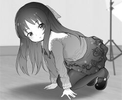 Rule 34 | 1girl, :o, all fours, commentary request, greyscale, half updo, idolmaster, idolmaster cinderella girls, indoors, lace-trimmed collar, lace trim, long hair, long sleeves, looking at viewer, looking to the side, mary janes, monochrome, neck ribbon, ookamiuo, pantyhose, patterned clothing, ribbon, shoes, solo, tachibana arisu