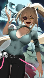 Rule 34 | 1girl, absurdres, asakat (vtuber), belt, black belt, black choker, black horns, black pants, blonde hair, breasts, character name, choker, collarbone, collared shirt, commission, eyepatch, grey shirt, hair between eyes, highres, horns, indie virtual youtuber, k (art71), large breasts, low neckline, medium breasts, mole, mole under mouth, open mouth, pants, ponytail, shirt, skeb commission, skull, skull ornament, solo, thank you, twitter username, virtual youtuber, yellow eyes