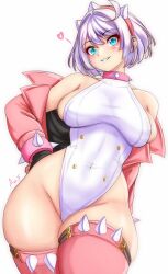 Rule 34 | 1girl, adapted costume, ahoge, anisdrawn, aqua eyes, bare shoulders, blush, bodysuit, boots, bracelet, breasts, collar, covered navel, elphelt valentine, grin, guilty gear, guilty gear strive, hairband, highres, huge ahoge, jacket, jewelry, large breasts, long sleeves, looking at viewer, off shoulder, pink footwear, pink hairband, pink jacket, short hair, sideboob, smile, spiked bracelet, spiked collar, spiked hairband, spikes, thick thighs, thigh boots, thighs, white bodysuit, white hair