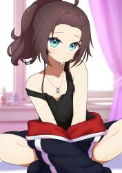 Rule 34 | 1girl, :o, absurdres, aqua eyes, bedroom, blue jacket, breasts, brown hair, cleavage, dog tags, drawstring, forehead, high ponytail, highres, hololive, indian style, jacket, looking at viewer, lunch boxer, medium hair, natsuiro matsuri, natsuiro matsuri (gaming casual), on bed, parted bangs, ponytail, sidelocks, sitting, solo, strap slip, tank top, two-sided fabric, two-sided jacket, virtual youtuber