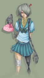 Rule 34 | arms behind back, bolt, character request, cyborg, flat chest, hair over one eye, lunchbox, mechanical arms, pleated skirt, prosthesis, red eyes, school uniform, serafuku, short hair, silver hair, skirt, solo, task (artist)