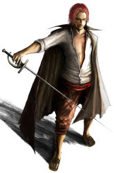 Rule 34 | 1boy, amputee, facial hair, full body, jacket, jacket on shoulders, looking at viewer, male focus, one piece, open collar, red hair, saber (weapon), sandals, sash, scar, shanks (one piece), shirt, simple background, solo, standing, stubble, sword, weapon, white shirt