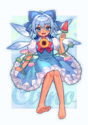 Rule 34 | 1girl, absurdres, ahoge, bandaid, bandaid on cheek, bandaid on face, barefoot, blue bow, blue dress, blue eyes, blue hair, border, bow, bowtie, character name, cirno, commentary request, dress, fangs, feet, flower, food, frilled dress, frills, fruit, hair between eyes, hair bow, highres, ice, ice wings, lips, looking at viewer, medium hair, open mouth, outside border, pink flower, plant, puffy short sleeves, puffy sleeves, qiu ju, red bow, red bowtie, short sleeves, smile, soles, solo, sundress, sunflower, tanned cirno, toes, touhou, vines, watermelon, watermelon slice, white border, white sleeves, wings