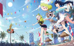 Rule 34 | 3girls, :d, ai-chan (honkai impact), artist name, balloon, bare shoulders, belt, black shirt, blue shirt, blue sky, bronya zaychik, bronya zaychik (valkyrie chariot), building, cloud, cloudy sky, confetti, drill hair, floating, food in mouth, full body, green jacket, grey hair, hair between eyes, hair ribbon, hat, highres, holding hands, homu (honkai impact), honkai (series), honkai impact 3rd, index finger raised, jacket, kiana kaslana, kiana kaslana (knight moonbeam), multiple girls, mush (mushlicious), open mouth, outdoors, palm tree, pointing, ponytail, popsicle, popsicle in mouth, project bunny, purple eyes, purple hair, raiden mei, raiden mei (lightning empress), ribbon, sailor collar, sandals, shirt, short sleeves, sky, sleeveless, sleeveless shirt, smile, straw hat, summer, summer uniform, sun, tree, twin drills, walking, white hair