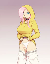 Rule 34 | blue eyes, choker, cleft of venus, clothes pull, clothing aside, fluttershy, hood, hoodie, my little pony, my little pony: friendship is magic, panties, panties aside, pants, pants pull, personification, pink hair, pussy, scorpdk, uncensored, underwear, white panties