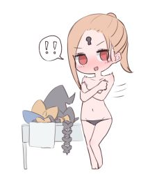 Rule 34 | !, !!, 1girl, abigail williams (fate), abigail williams (second ascension) (fate), black bow, black headwear, black panties, blonde hair, blush, bow, breasts, chibi, covering privates, covering breasts, fate/grand order, fate (series), forehead, hair bow, hat, unworn hat, unworn headwear, highres, keyhole, kopaka (karda nui), long hair, looking at viewer, multiple bows, navel, open mouth, orange bow, panties, parted bangs, ponytail, red eyes, small breasts, underwear, witch hat