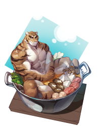 Rule 34 | 1boy, abs, animal ears, bara, bathing, body fur, brown eyes, brown fur, brown hair, colored fur, covering privates, covering crotch, crossed arms, eyebrow cut, food, furry, furry male, highres, large pectorals, looking at viewer, male focus, multicolored hair, muscular, muscular male, nantaimori, navel, nipples, nude, orange fur, orange hair, original, own hands together, partially submerged, pectorals, pot, scar, scar on face, selkiro, simple background, sitting, smile, solo, soup, spread legs, stomach, sukiyaki, table, tail, thick arms, thick eyebrows, thick thighs, thighs, tiger, tiger boy, tiger ears, tiger stripes, tiger tail, white fur