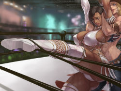 Rule 34 | 2girls, absurdres, ass, blonde hair, breasts, brown hair, cowboy hat, dark-skinned female, dark skin, dead or alive, denim, full nelson, hat, highres, jeans, large breasts, lisa hamilton, multiple girls, pants, restrained, tecmo, tina armstrong, wrestling, xxoom