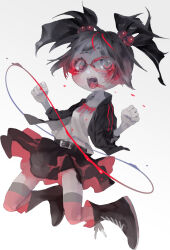 Rule 34 | 1girl, black footwear, black hair, black jacket, black skirt, blood, blood on clothes, blood on face, clenched hand, hair bobbles, hair ornament, jacket, kicho (muzao), original, pale skin, red-framed eyewear, red thighhighs, shirt, simple background, skirt, solo, thighhighs, white background, white shirt