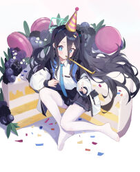 1girl absurdres aris_(blue_archive) black_hair black_skirt blue_archive blue_eyes blue_necktie blueberry bright_pupils cake cake_slice chinese_commentary collared_shirt commentary confetti english_commentary feet food fruit full_body hair_spread_out hat highres jacket long_hair long_sleeves looking_at_viewer macaron miniskirt mixed-language_commentary necktie no_shoes open_clothes open_jacket pantyhose party_hat pleated_skirt puffy_long_sleeves puffy_sleeves school_uniform shirt simple_background skirt soles solo suye toes v very_long_hair victory_pose white_background white_jacket white_pantyhose white_pupils white_shirt