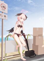 Rule 34 | 1girl, absurdres, bag, barefoot, beach, black wings, blue archive, box, cardboard box, feathered wings, full body, gun, halo, head wings, highres, hose, koharu (blue archive), koharu (swimsuit) (blue archive), legs, lemonztea, low wings, navel, ocean, official alternate costume, pink eyes, pink hair, pink halo, rifle, road sign, school bag, sign, sniper rifle, solo, standing, standing on one leg, stomach, toes, weapon, wings
