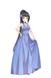 Rule 34 | 1girl, black hair, blue dress, blue eyes, blush, dress, earrings, full body, hair ornament, hand on own hip, highres, jewelry, josie rosebud, long hair, looking at viewer, mole, mole under eye, necklace, official art, ponytail, princess principal, princess principal game of mission, skirt hold, smile, solo, standing, transparent background, very long hair