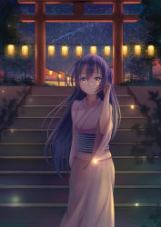 Rule 34 | 1girl, absurdres, blue hair, blush, commentary request, hair between eyes, hand in own hair, highres, japanese clothes, kimono, lantern, long hair, long sleeves, looking at viewer, love live!, love live! school idol project, night, shano dongxi, sky, smile, solo, sonoda umi, stairs, standing, star (sky), starry sky, white kimono, wide sleeves, yellow eyes, yukata
