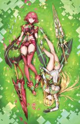 Rule 34 | 2girls, athenawyrm, blonde hair, breasts, cleavage, female focus, flower, from above, grass, hair ornament, impossible clothes, long hair, lying, matching hair/eyes, multiple girls, mythra (xenoblade), nintendo, on back, pyra (xenoblade), red eyes, red hair, short hair, short shorts, shorts, sword, thighhighs, weapon, xenoblade chronicles (series), xenoblade chronicles 2, xenoblade chronicles (series), xenoblade chronicles 2, yellow eyes